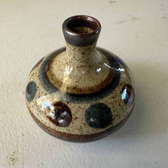 Vintage Japan Otagiri Like Asahi Stoneware Pottery Stripes Circles Bud Vase - Picture 1 of 3